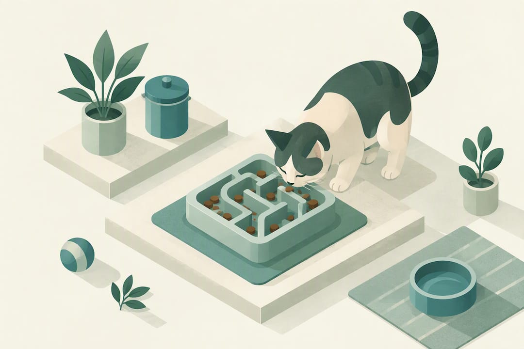Geometric title card about slower cat eating