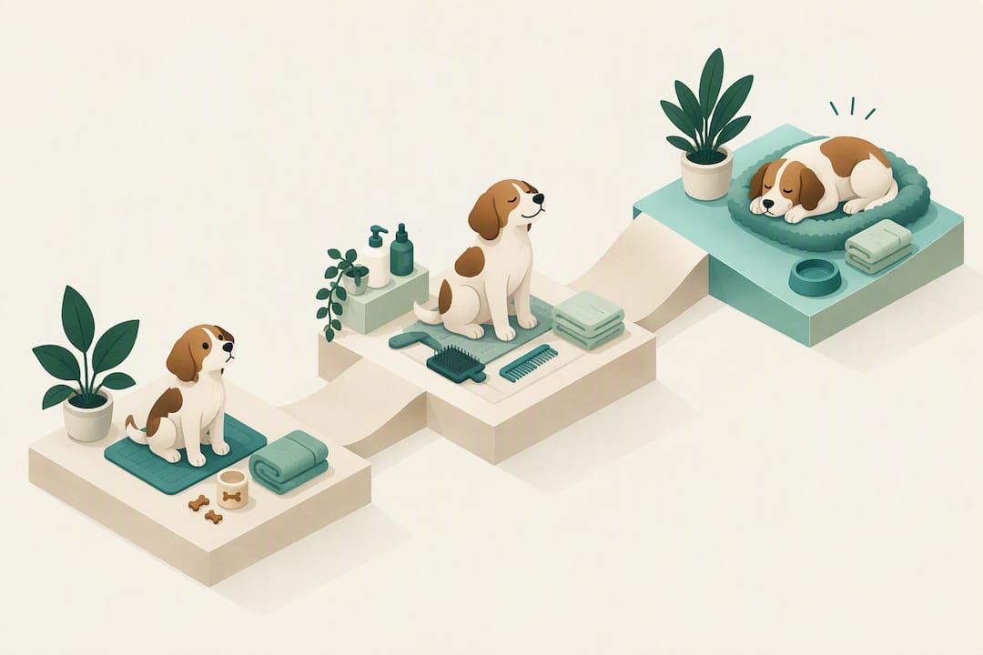 Calm dog grooming routine title card