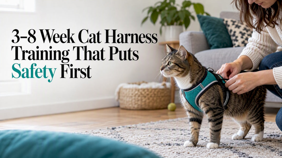 Cat wearing harness during indoor training