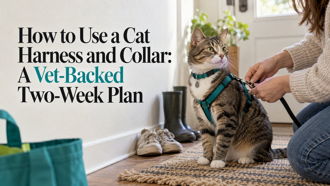 Cat wearing a harness and collar