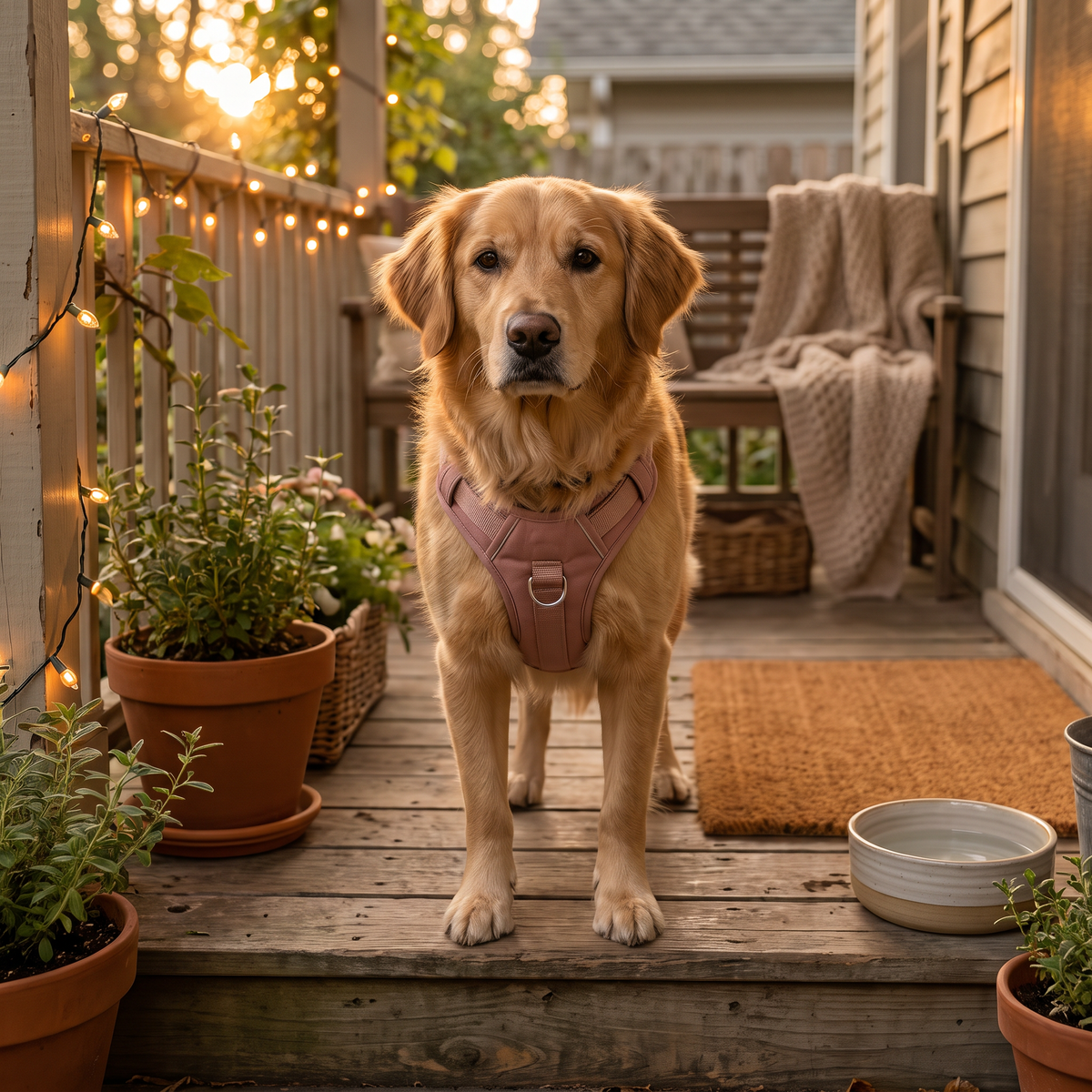 Dog wearing a padded harness