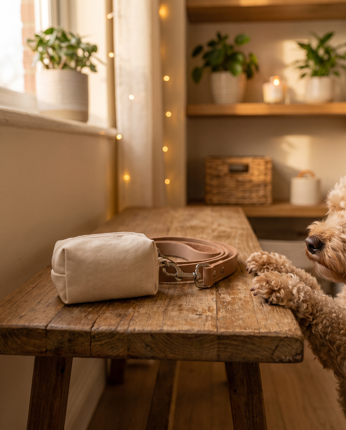 Walk essentials on an entryway bench