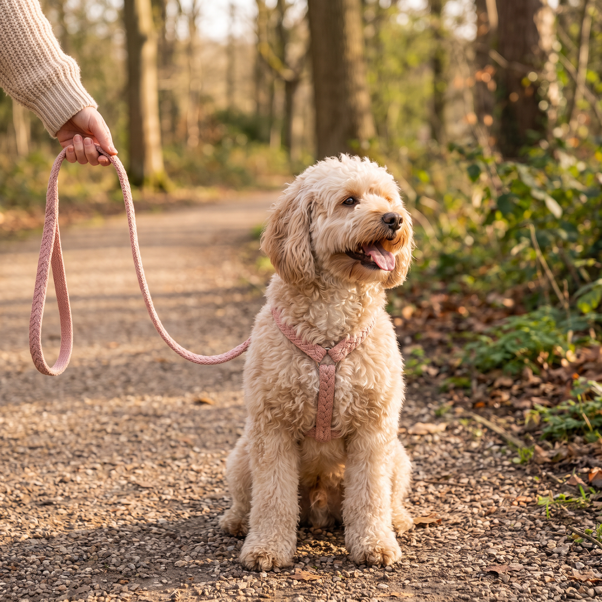 Dog in harness and leash ready for a walk
