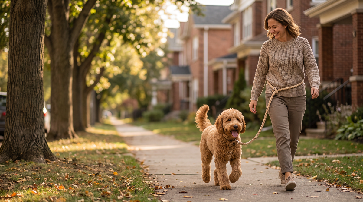Dog walking with owner on a leafy sidewalk