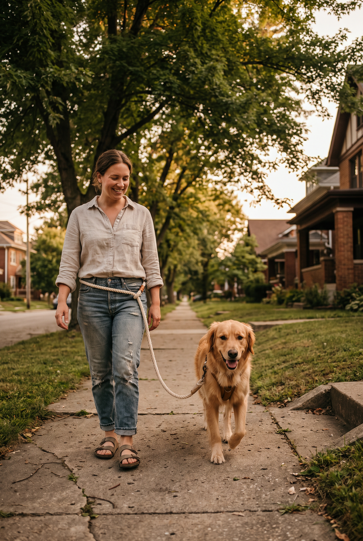Dog walking with owner on a leafy sidewalk