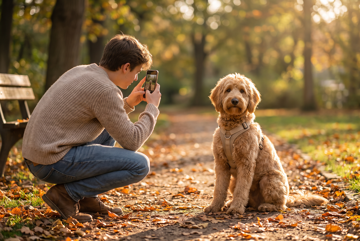 Dog owner photographing their dog in a park