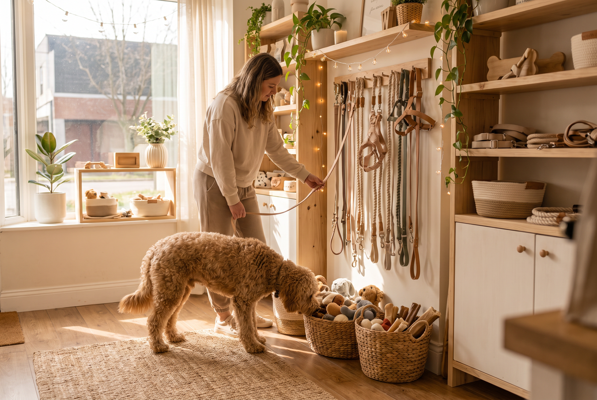 Customer and dog browsing a pet boutique