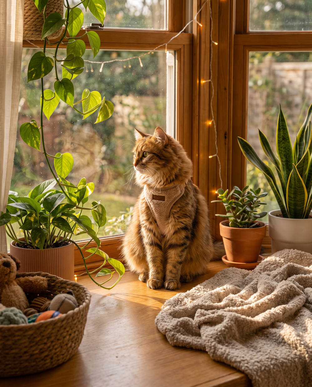 Cat in a soft harness on a windowsill