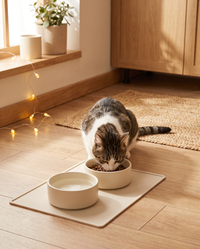 Cat eating from a ceramic bowl