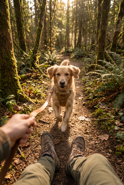 Dog on a woodland trail walk