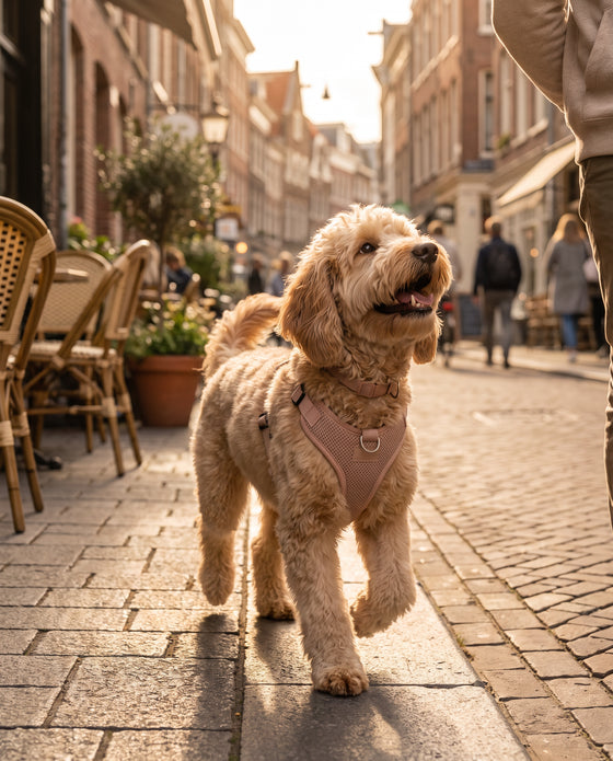 Dog in a mesh harness on a city street