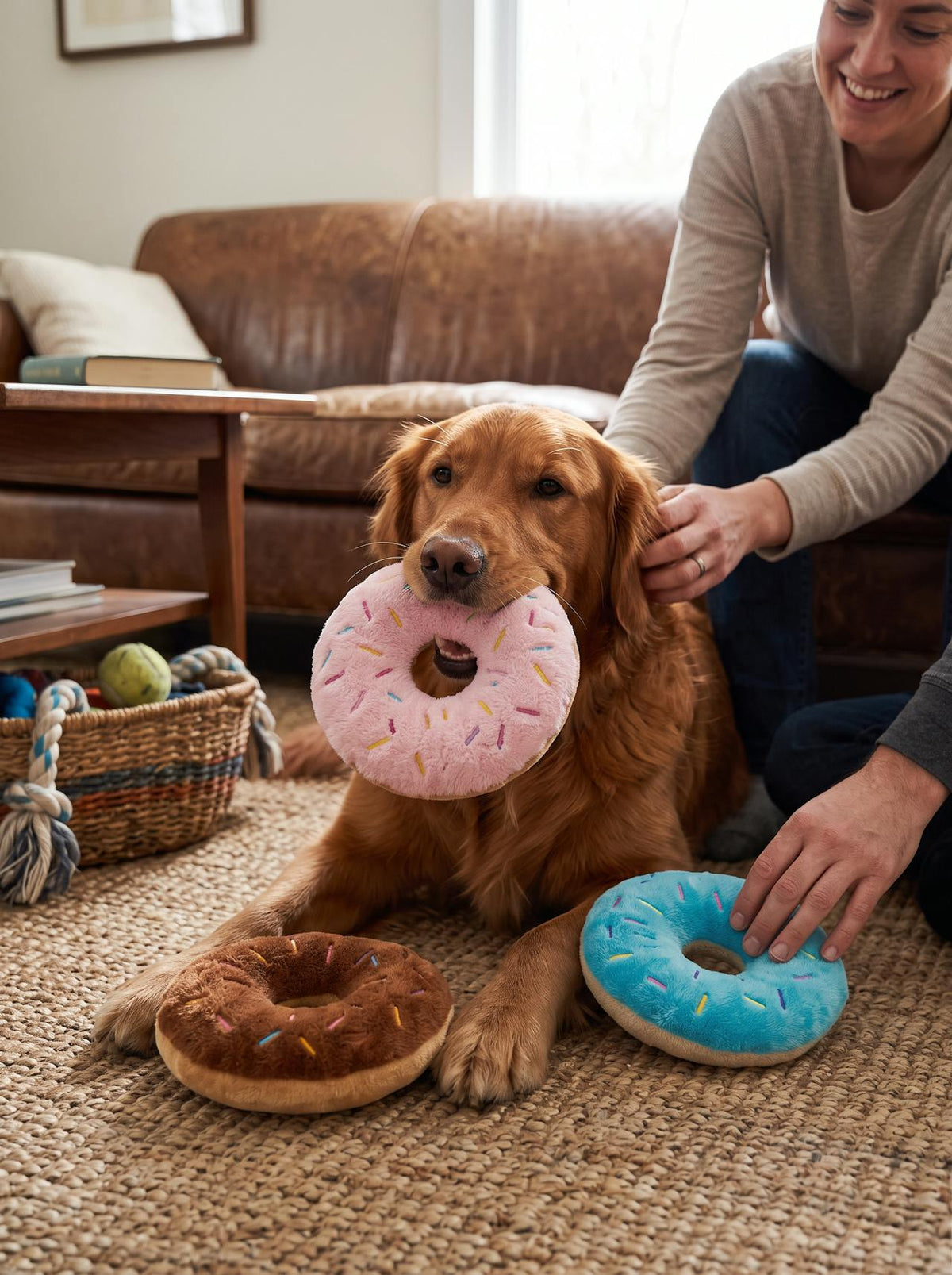 Plush Donut Squeaky Dog Toy lifestyle 2